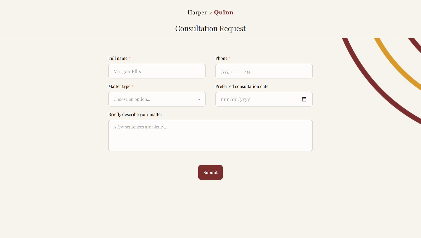 A law firm consultation form with a serif font and concentric arc shapes on a warm cream background