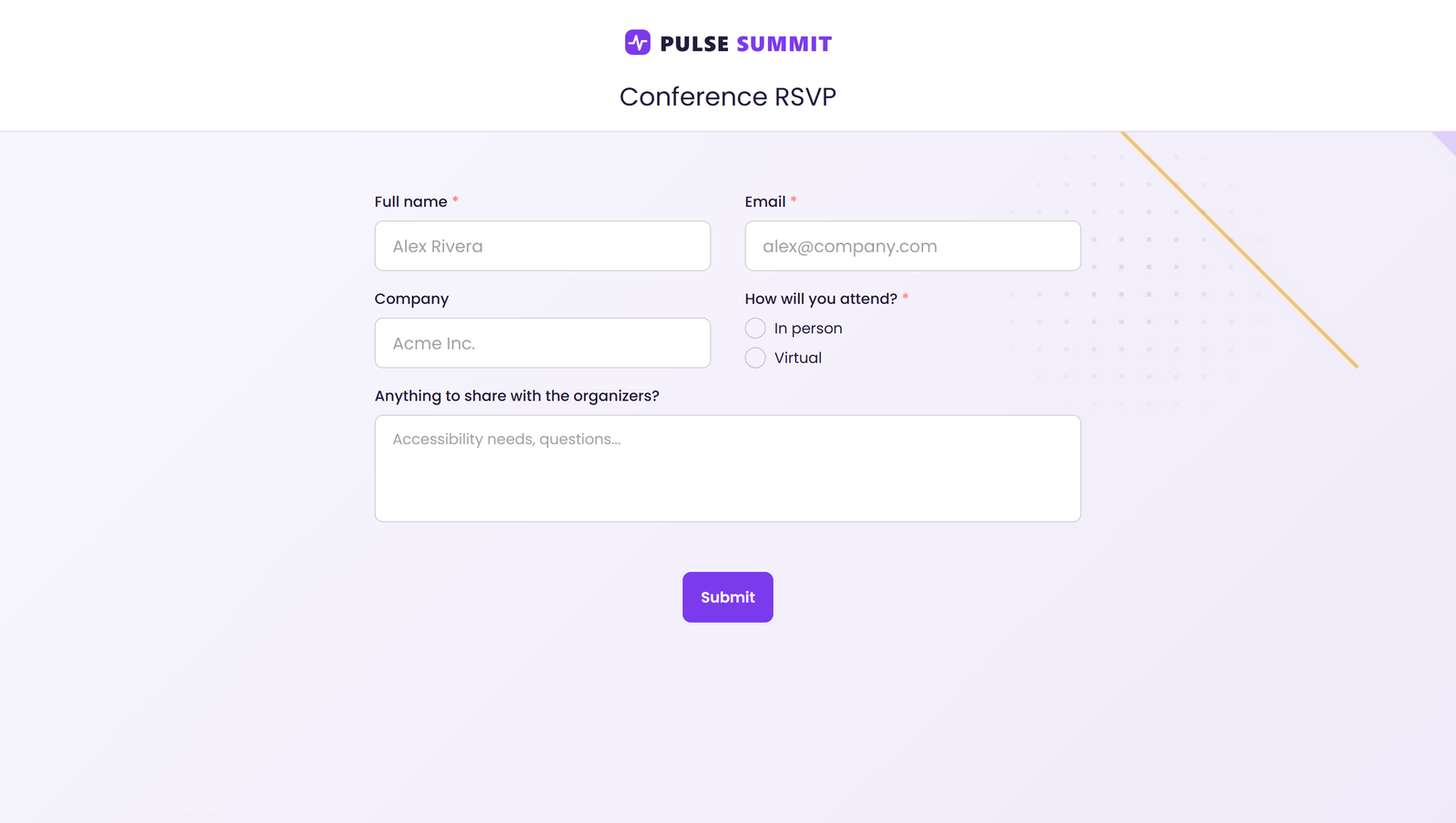 A conference registration form with modern violet glass shapes and an amber accent line