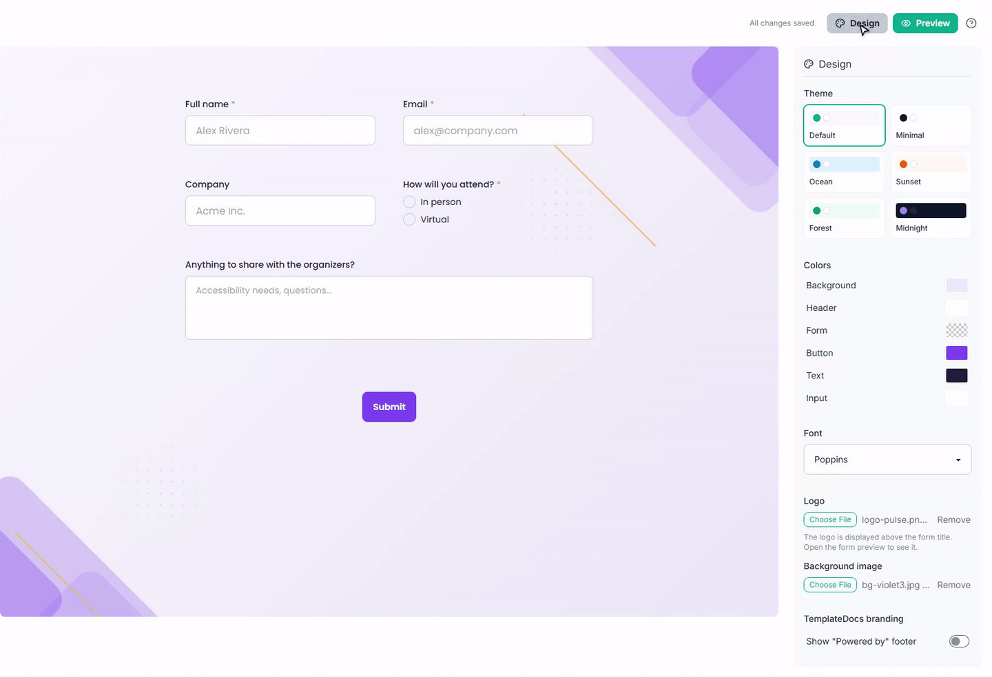 Changing the font on a conference registration form restyles the form text live