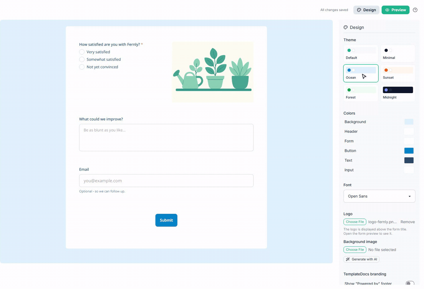 Clicking through the Sunset, Forest, Midnight, and Ocean themes restyles the whole form instantly