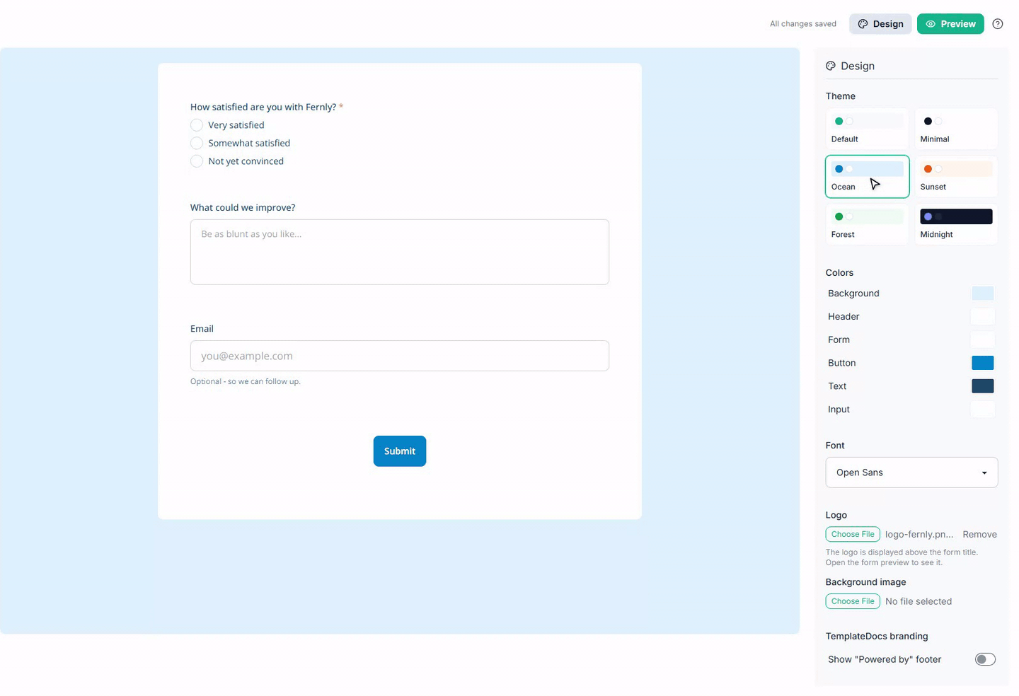 Clicking through the Sunset, Forest, Midnight, and Ocean themes restyles the whole form instantly